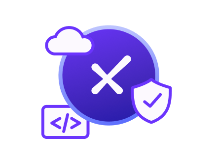 Purple circle with a white X, accompanied by cloud, shield, and code bracket symbols.